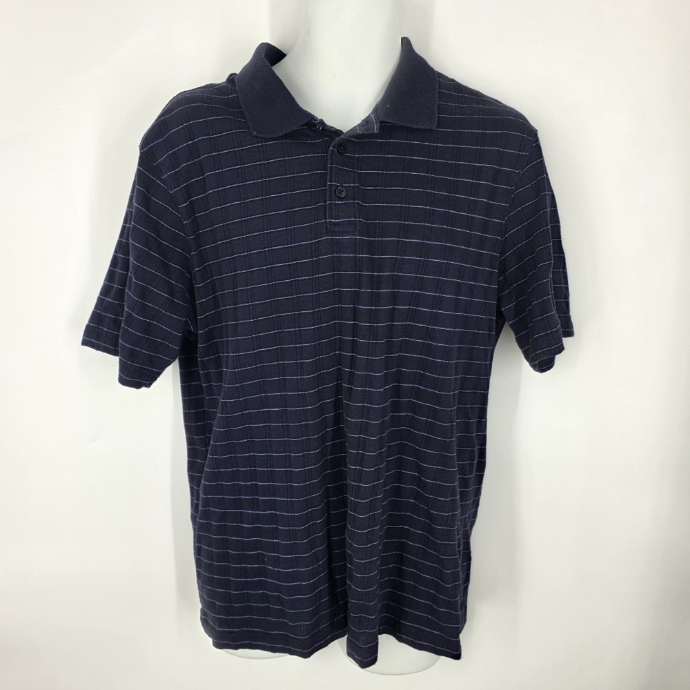 Haggar Men's Striped Polo Shirt Large L Navy Blue Ribbed Knit Short Sleeve
